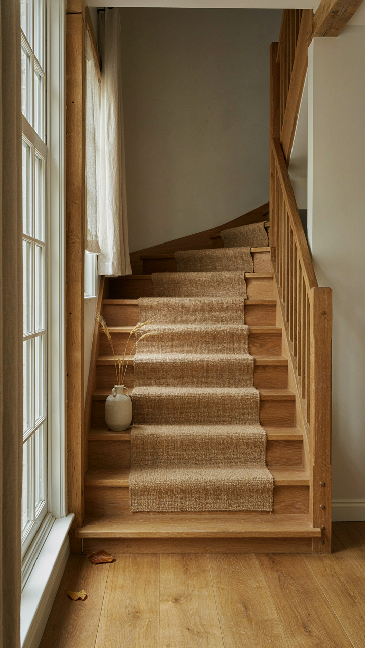 Sunlight streams onto an open, light-colored farmhouse staircase with thick stringers.
