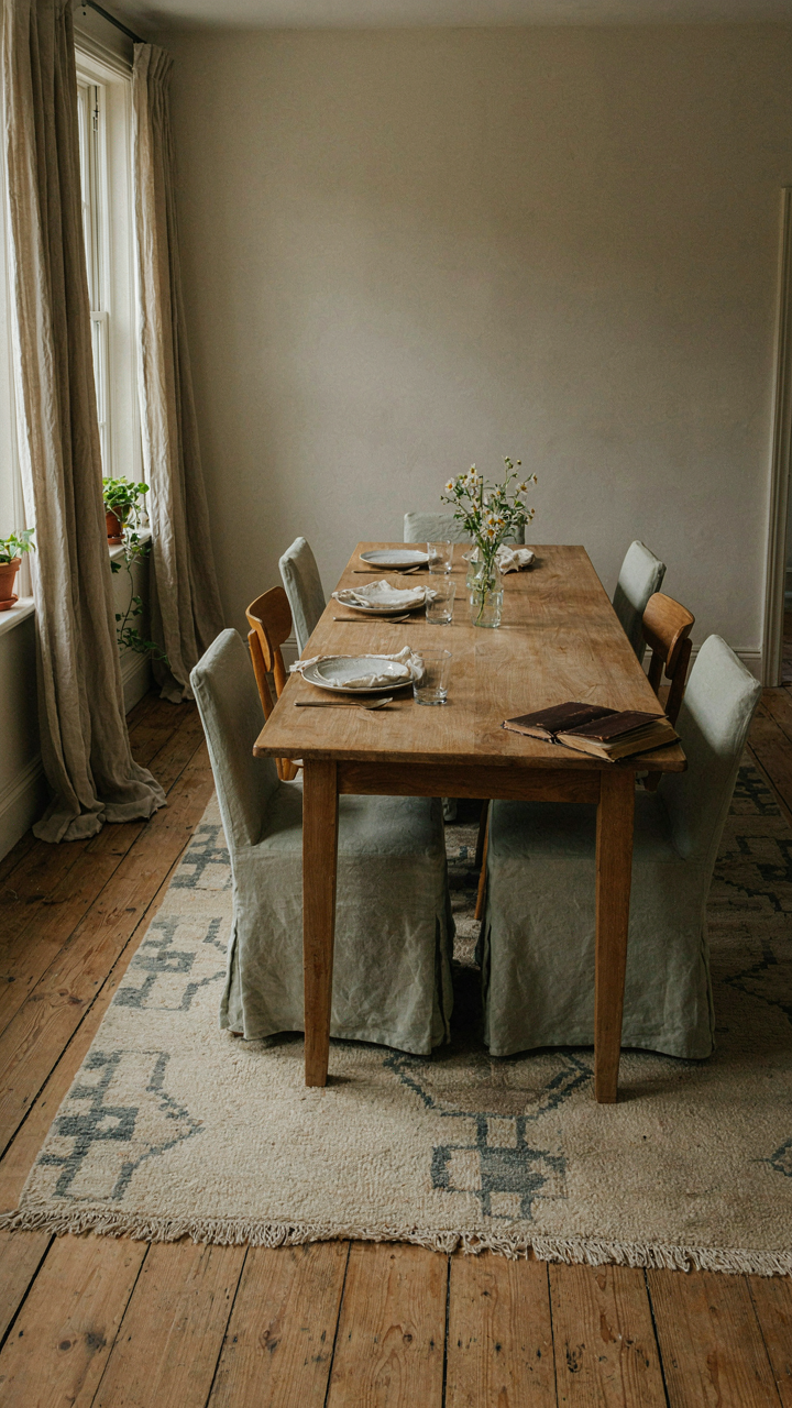 A country dining room with sound-absorbing linen curtains, a rug, and upholstered chairs.