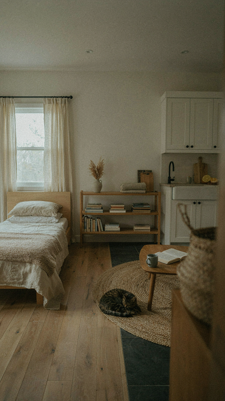 A single room cabin interior has zones defined by a bookshelf and different flooring.