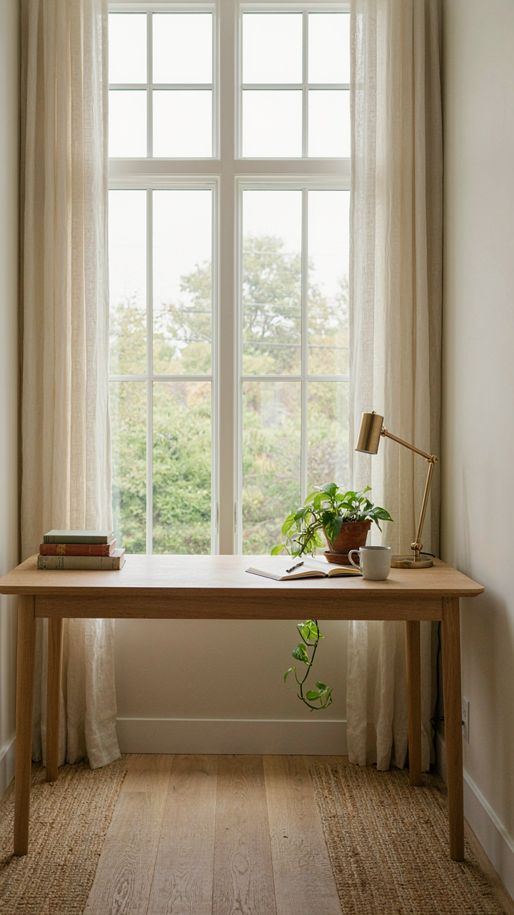 A well-lit she shed interior with a desk by a window and a task lamp.