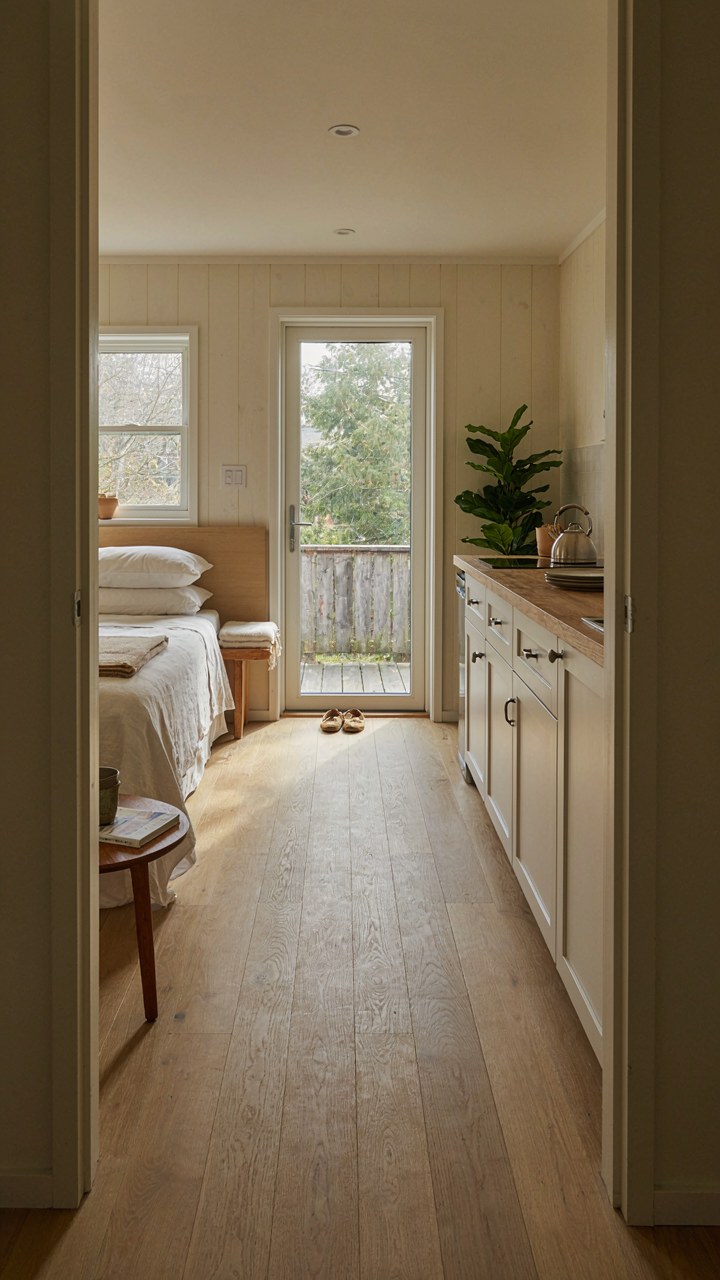 A clean backyard cabin interior designed for short-term rental guests.