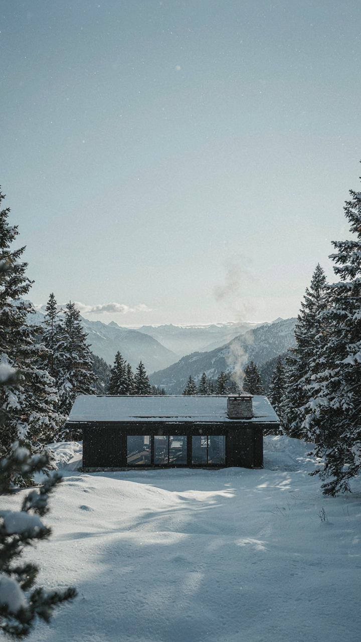 A secluded modern cabin in a snowy mountain landscape.