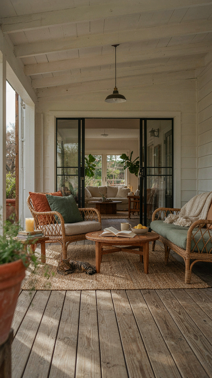 A covered farmhouse porch with outdoor furniture, connecting to an indoor living room.