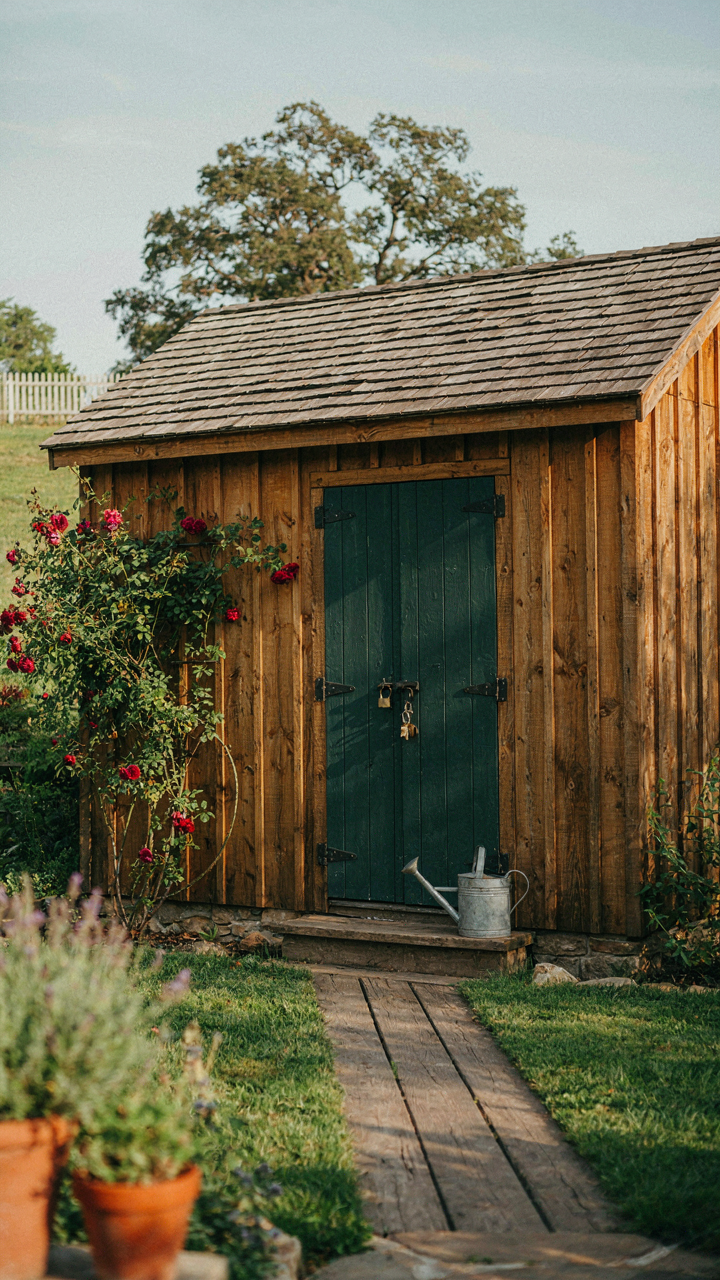 A garden shed has closed solid panel outdoor window shutters that are latched.