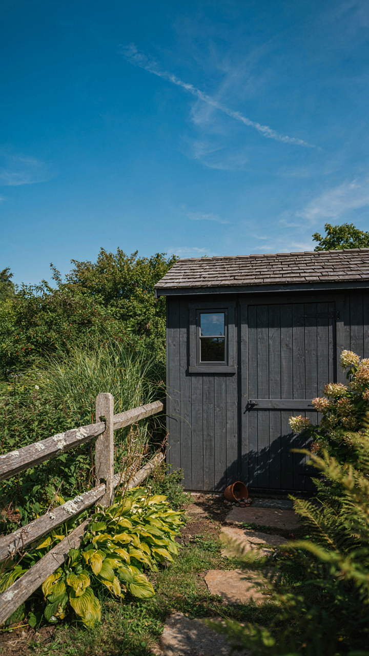 A charcoal gray garden shed stands out against a fence and green foliage.