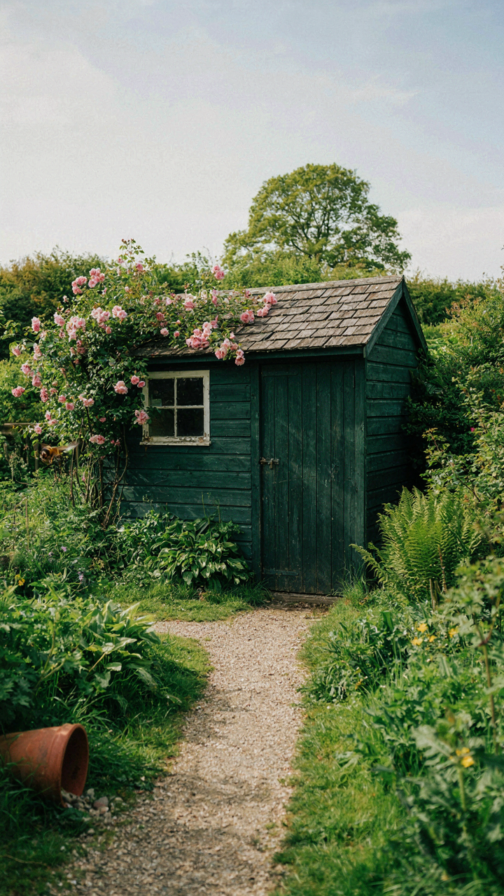 A garden shed painted in a dark green color, blending with the natural landscape.