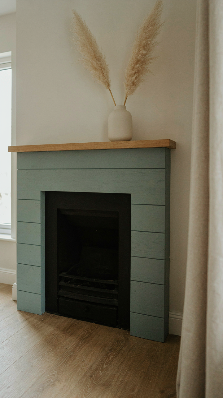 A shiplap fireplace painted a muted sage green color.