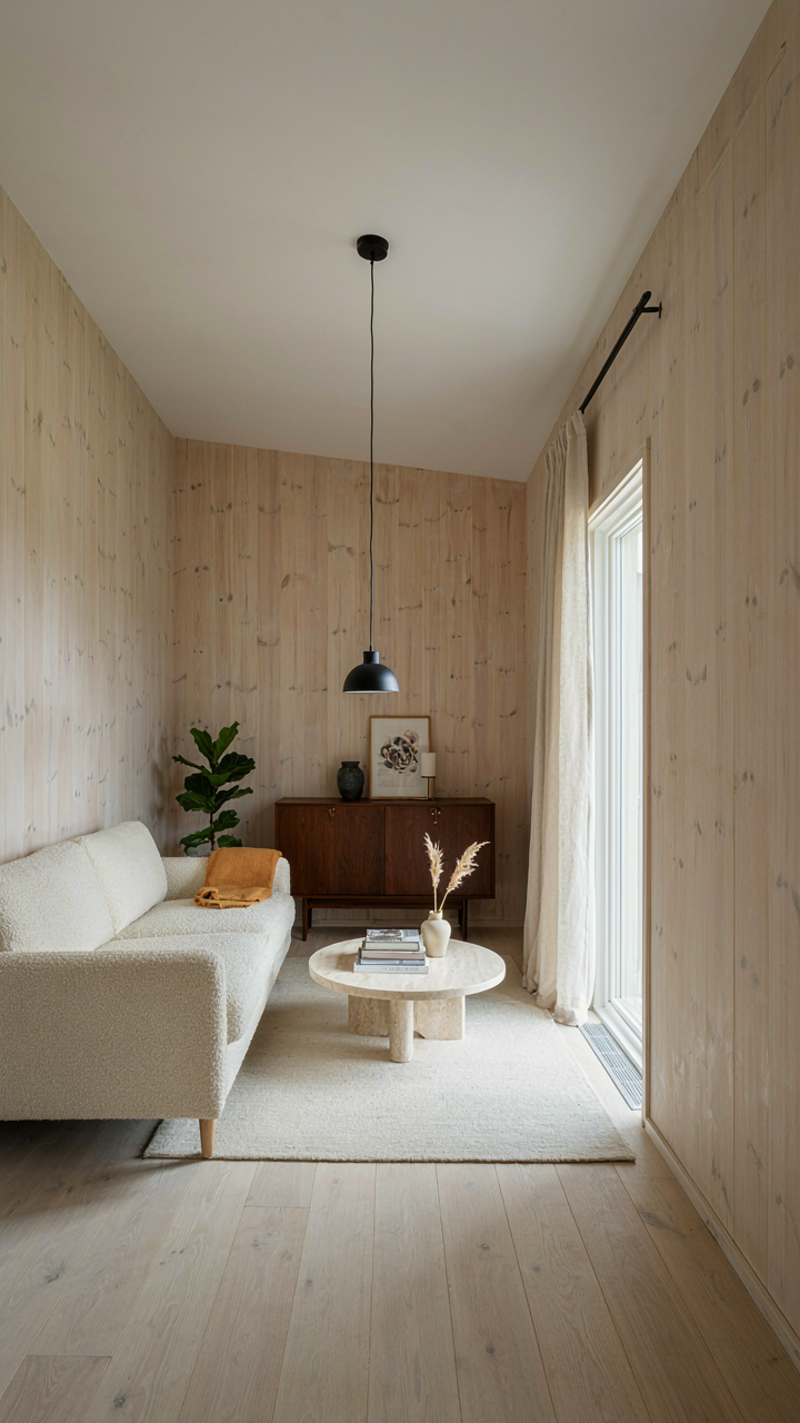 A narrow Scandinavian cabin living room with pale spruce wood paneling.