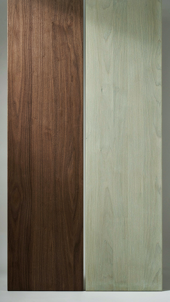 Comparison of dark stained wood and pale lime-washed wood planks.