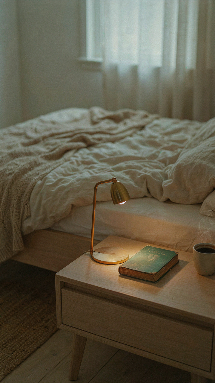 A single book on a minimalist nightstand in a tiny cabin loft bedroom.