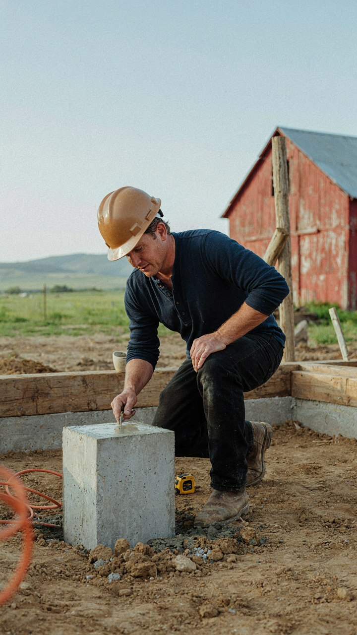 A structural engineer inspecting a newly dug concrete pier for a ranch house porch.