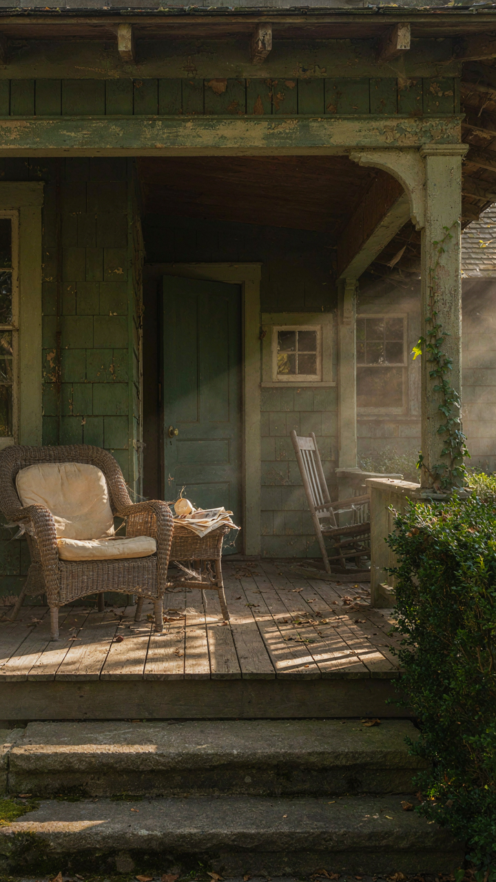 An empty, neglected porch on a craftsman cottage, showing cobwebs on furniture.