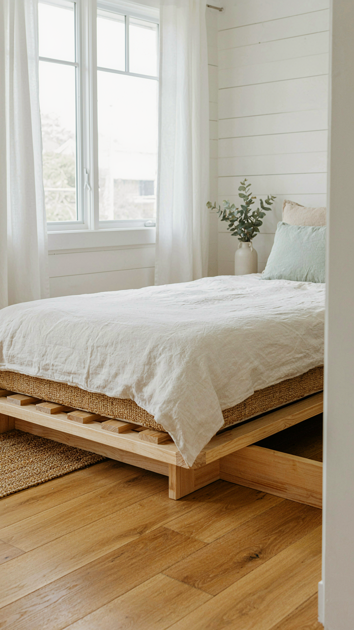 A slatted platform bed with a coir mattress on a cottage sleeping porch.