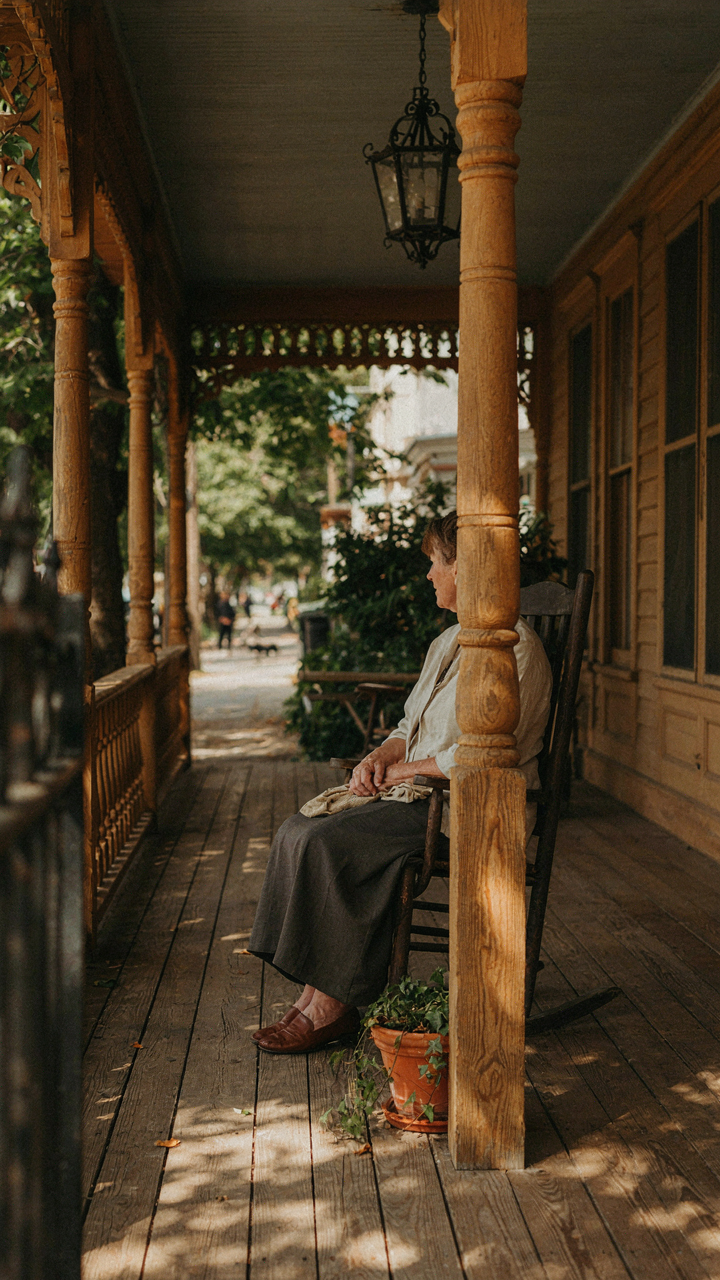Deep victorian front porch with a person on a rocking chair.