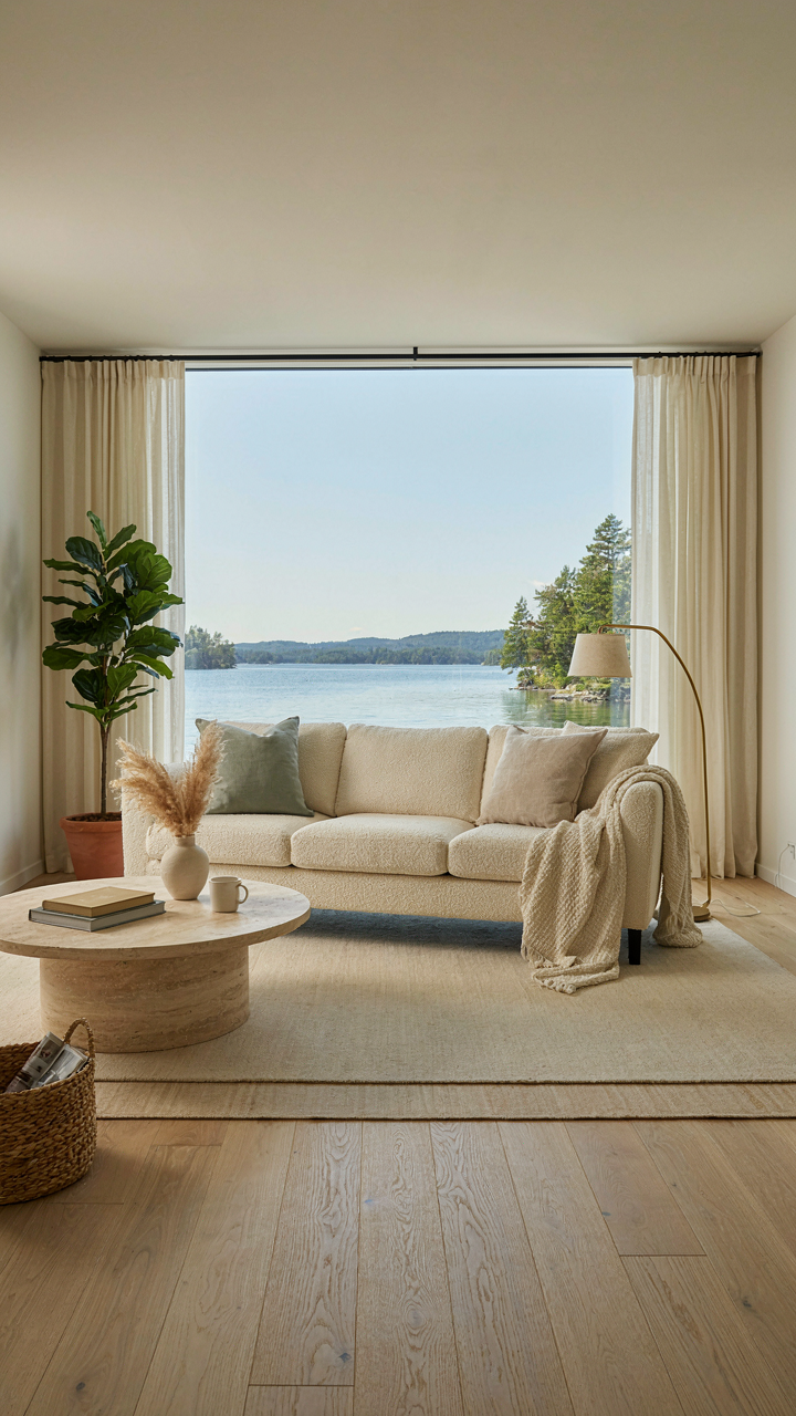 A perfectly staged lake house living room, like a catalog showroom.