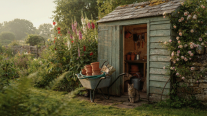 A rustic potting shed with an open door shows organized tools and plants inside.