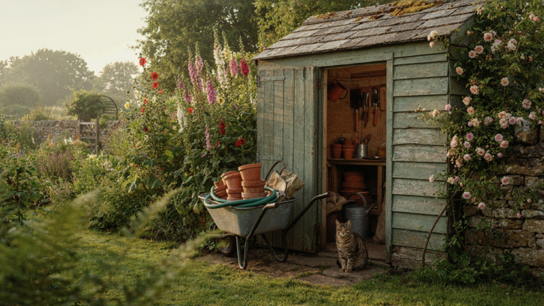A rustic potting shed with an open door shows organized tools and plants inside.