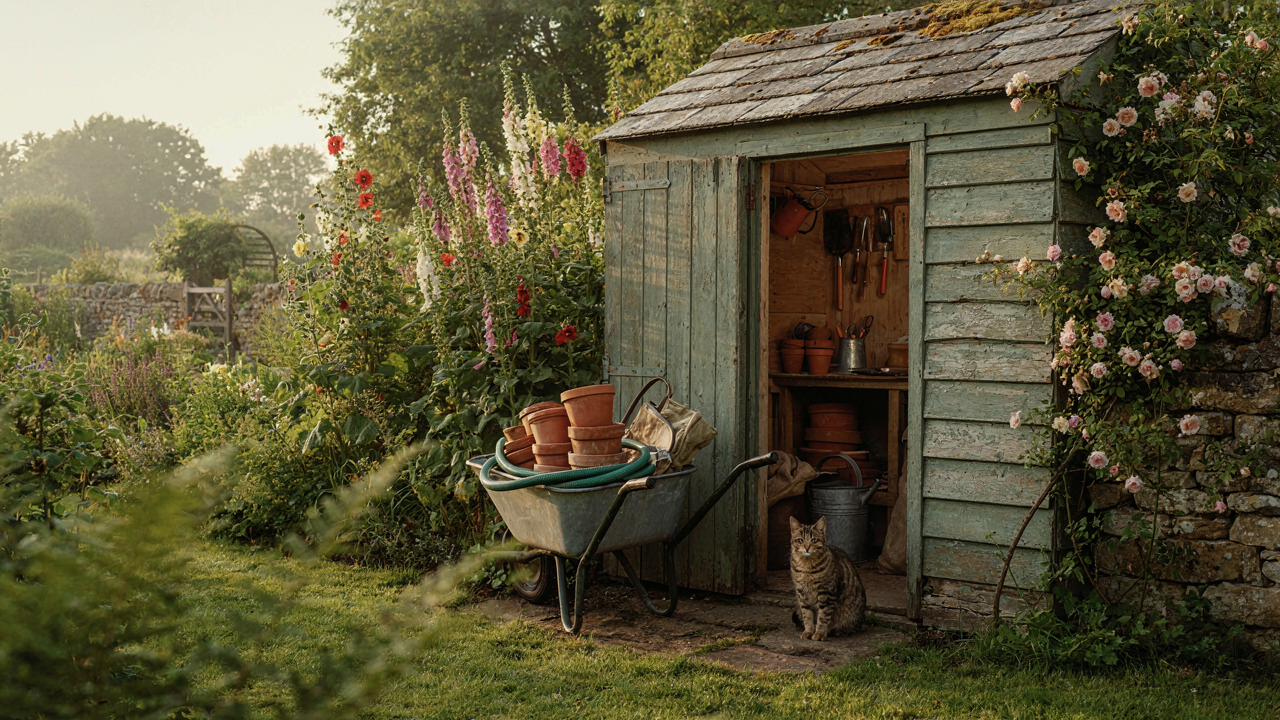 A rustic potting shed with an open door shows organized tools and plants inside.