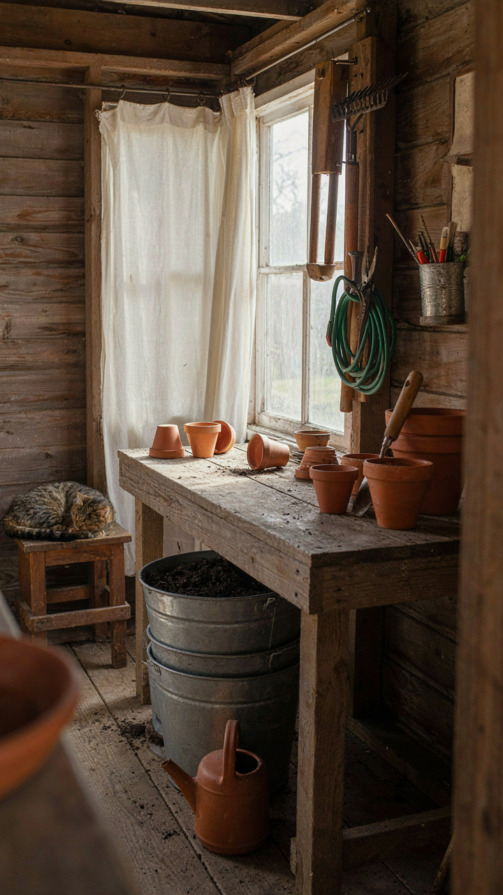 A potting bench in a garden shed with all supplies within easy reach.
