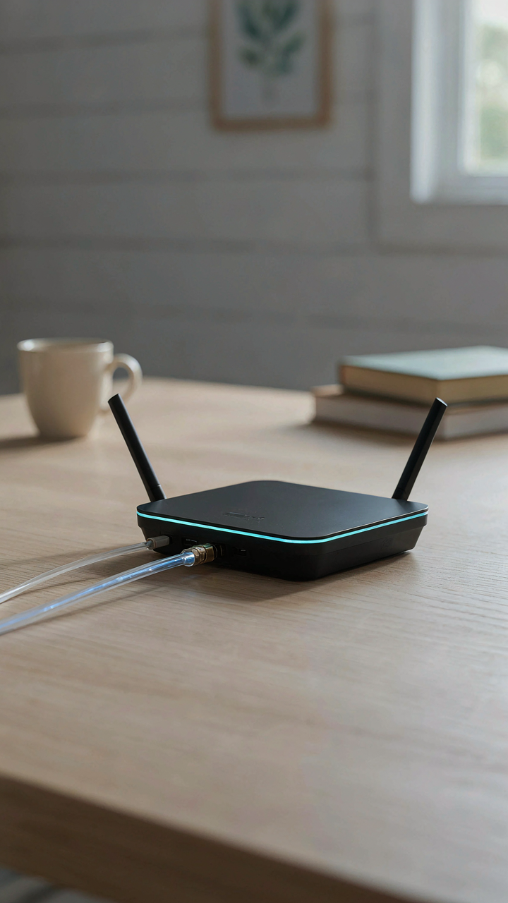 A fiber optic cable connects to a router on a desk.