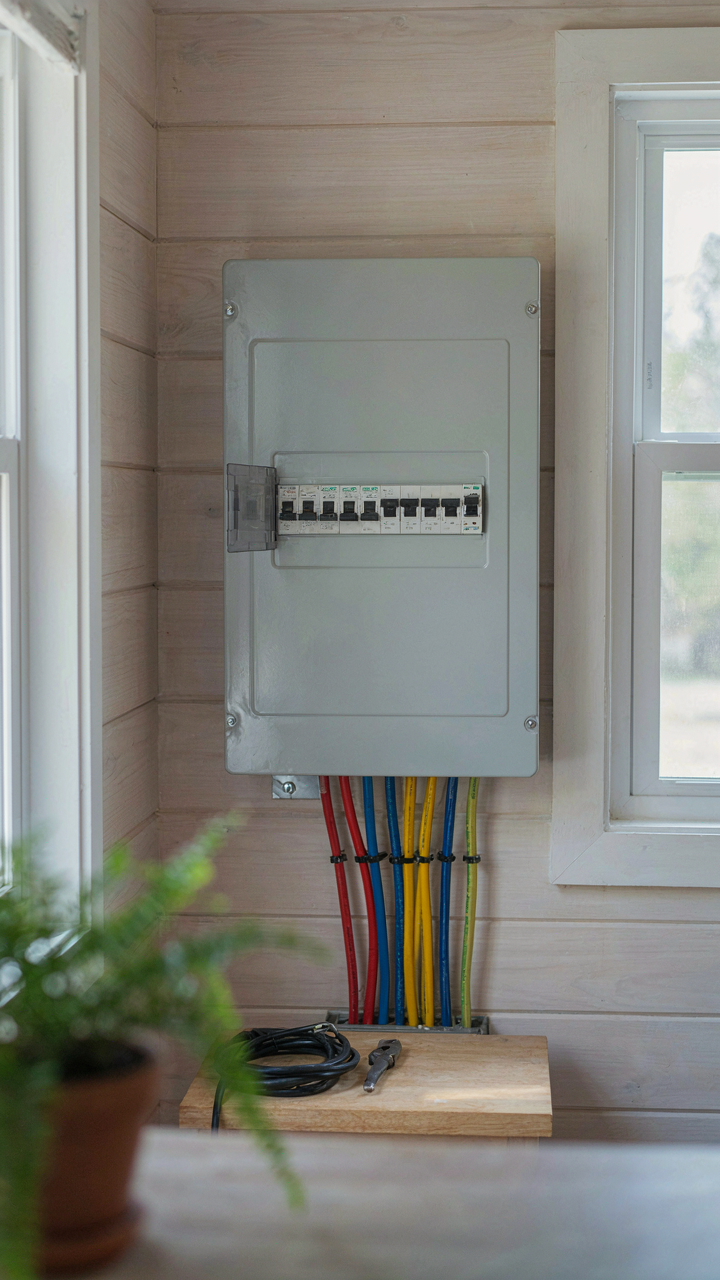 An organized electrical panel inside a she shed.