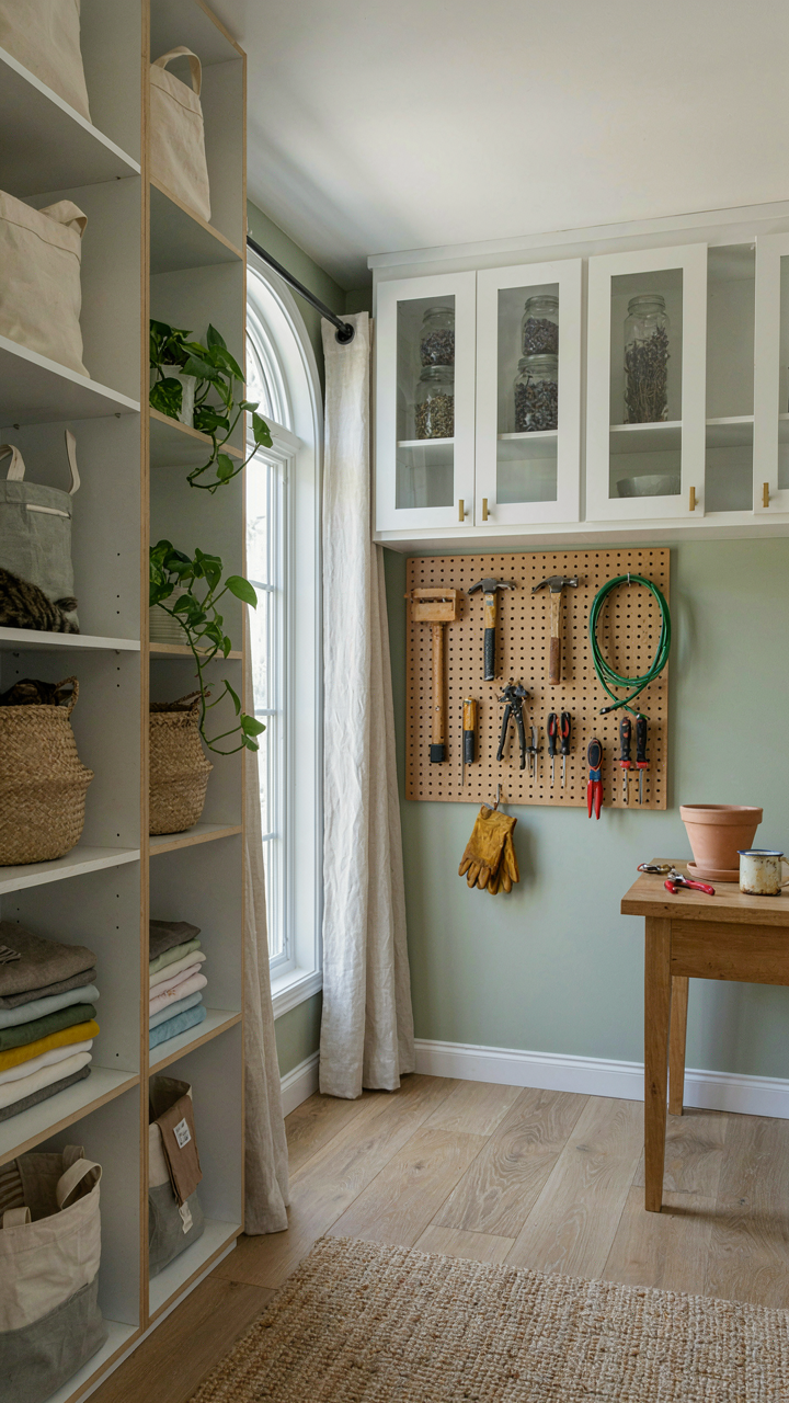A she shed interior with floor-to-ceiling modular shelving and pegboards.