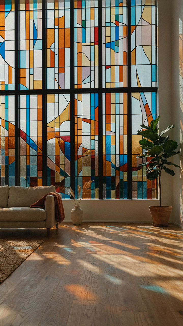 Sunlight through art glass prairie style windows casting geometric patterns on a floor.
