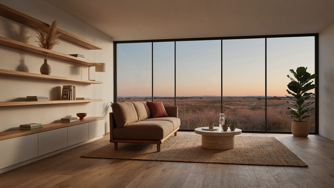 A modern prairie style living room with warm wood and horizontal lines.