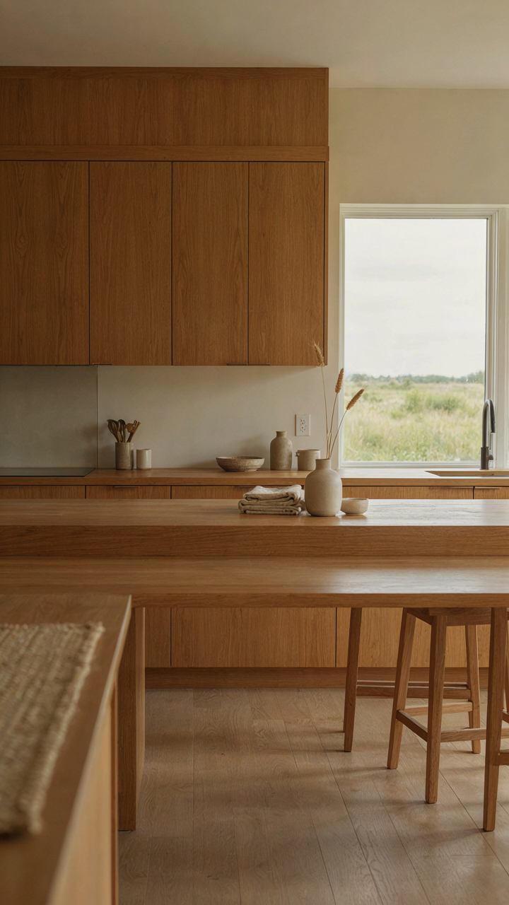 A modern prairie style kitchen with warm wood and horizontal lines.