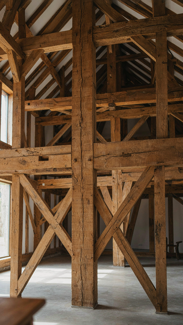 A detailed diagram shows the complex timber framing of a house.