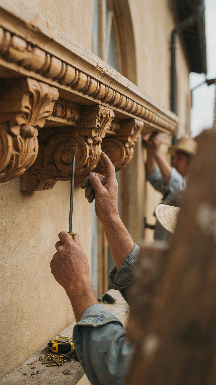 A craftsman installs ornate wooden trim on a building's exterior.