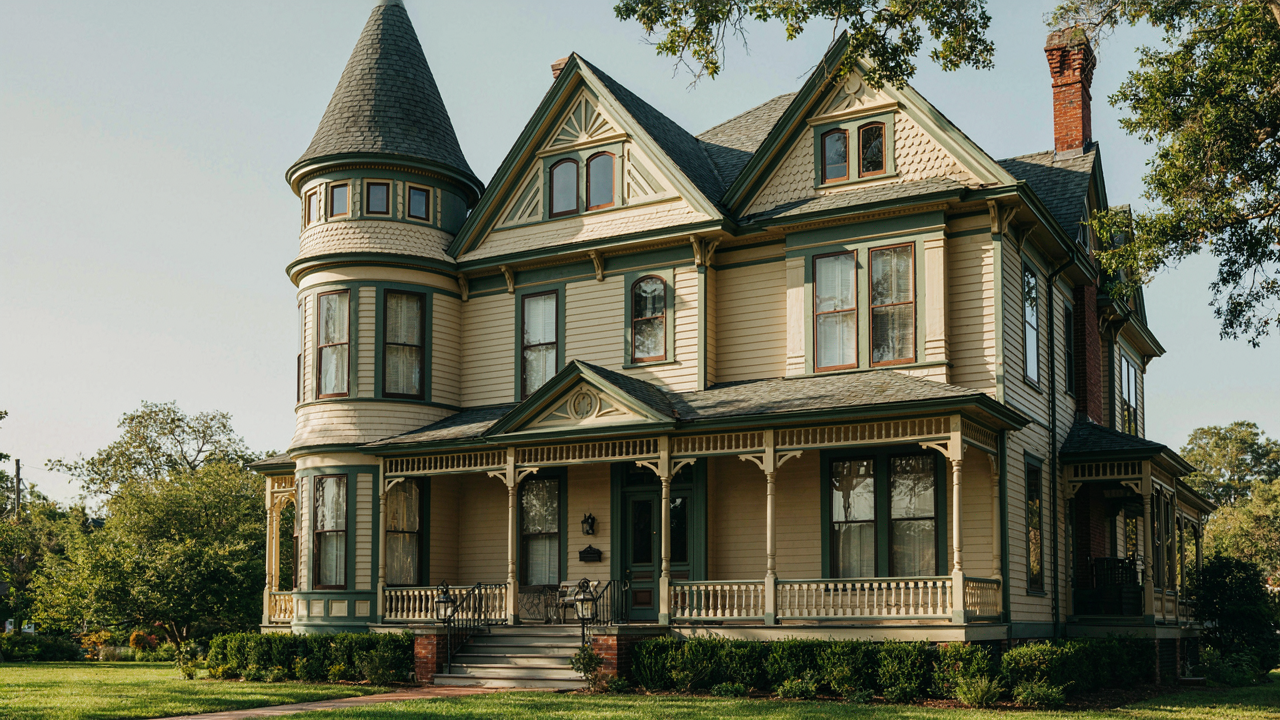 A colorful queen anne victorian house with a large turret and decorative details.
