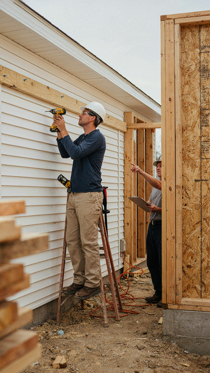 A construction worker installs a ledger board to connect a new addition.