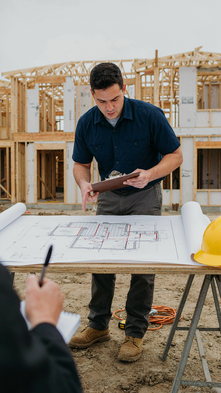 A structural engineer points at a ranch house foundation diagram.