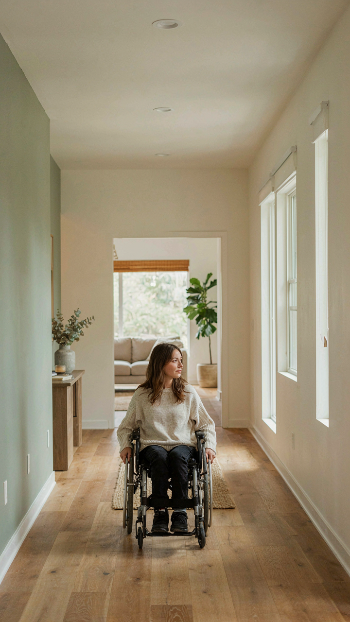 A person in a wheelchair easily moves through a wide ranch house hallway.