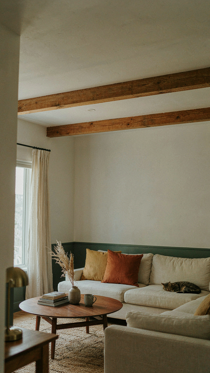 A ranch home interior showing contrasting textures and tones, like wood beams.