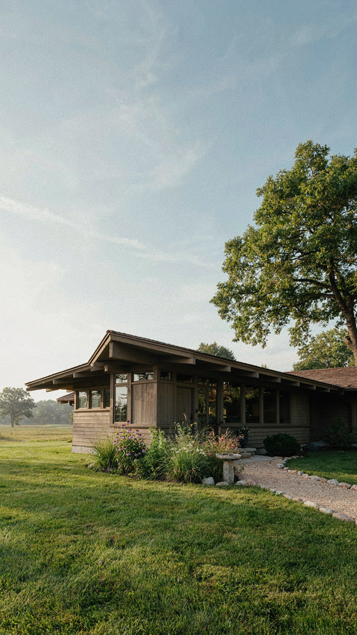 A low-slung ranch style home with deep eaves and many windows.