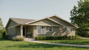 A modern ranch house exterior painted in a refreshing sage green with clean landscaping.
