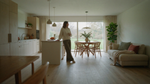 A modern ranch house interior showing an open kitchen, dining, and living room space.