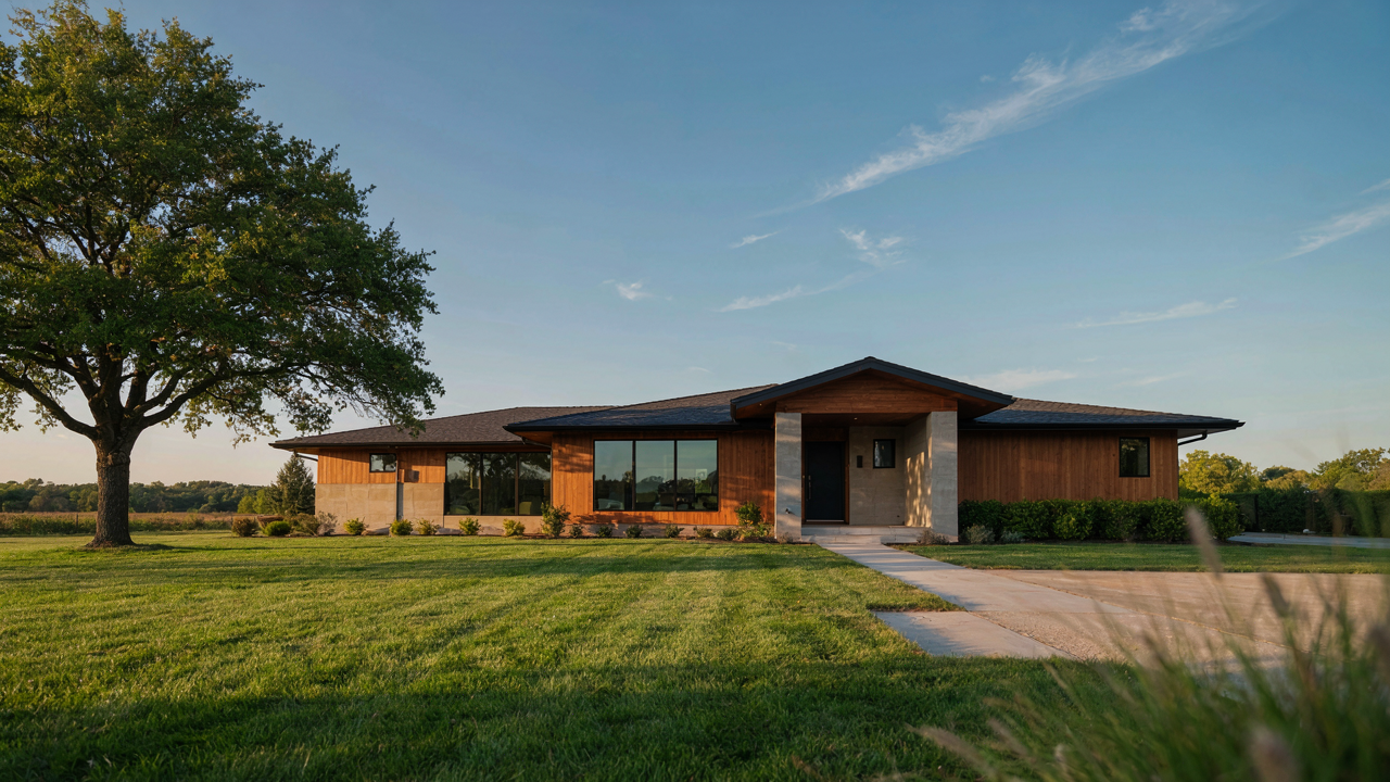 A modern, updated ranch house with a low-pitched roof and large windows.