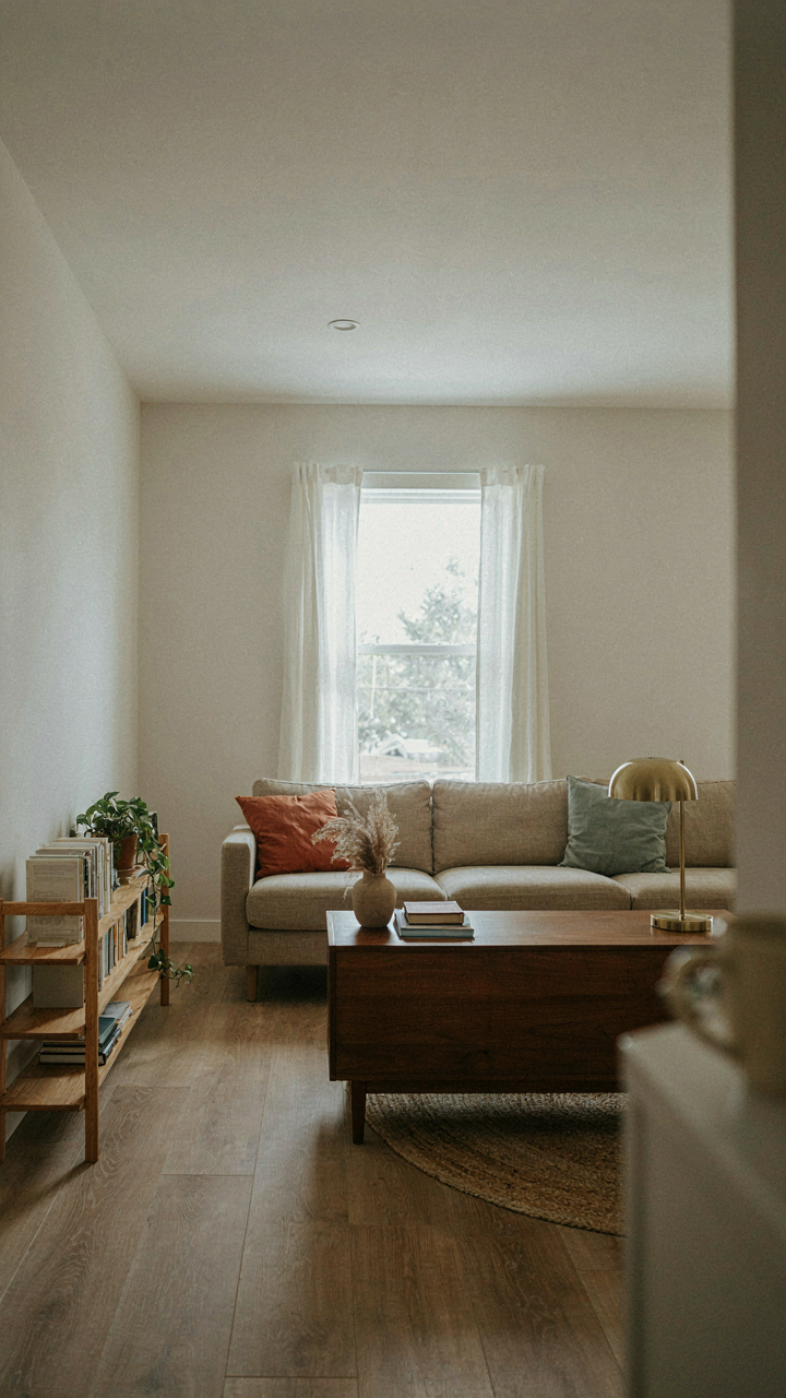 A living room in a ranch home, with furniture creating defined zones without walls.
