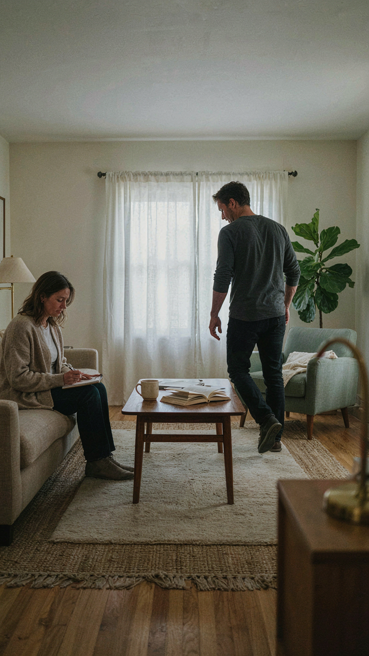 A person observes family movement patterns in a ranch home, taking notes.