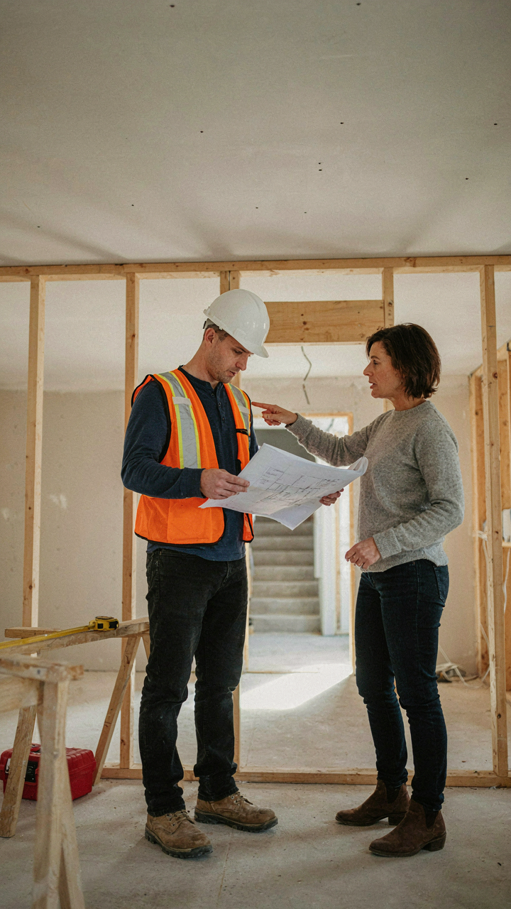An engineer and homeowner discuss a ranch house wall with exposed framing.