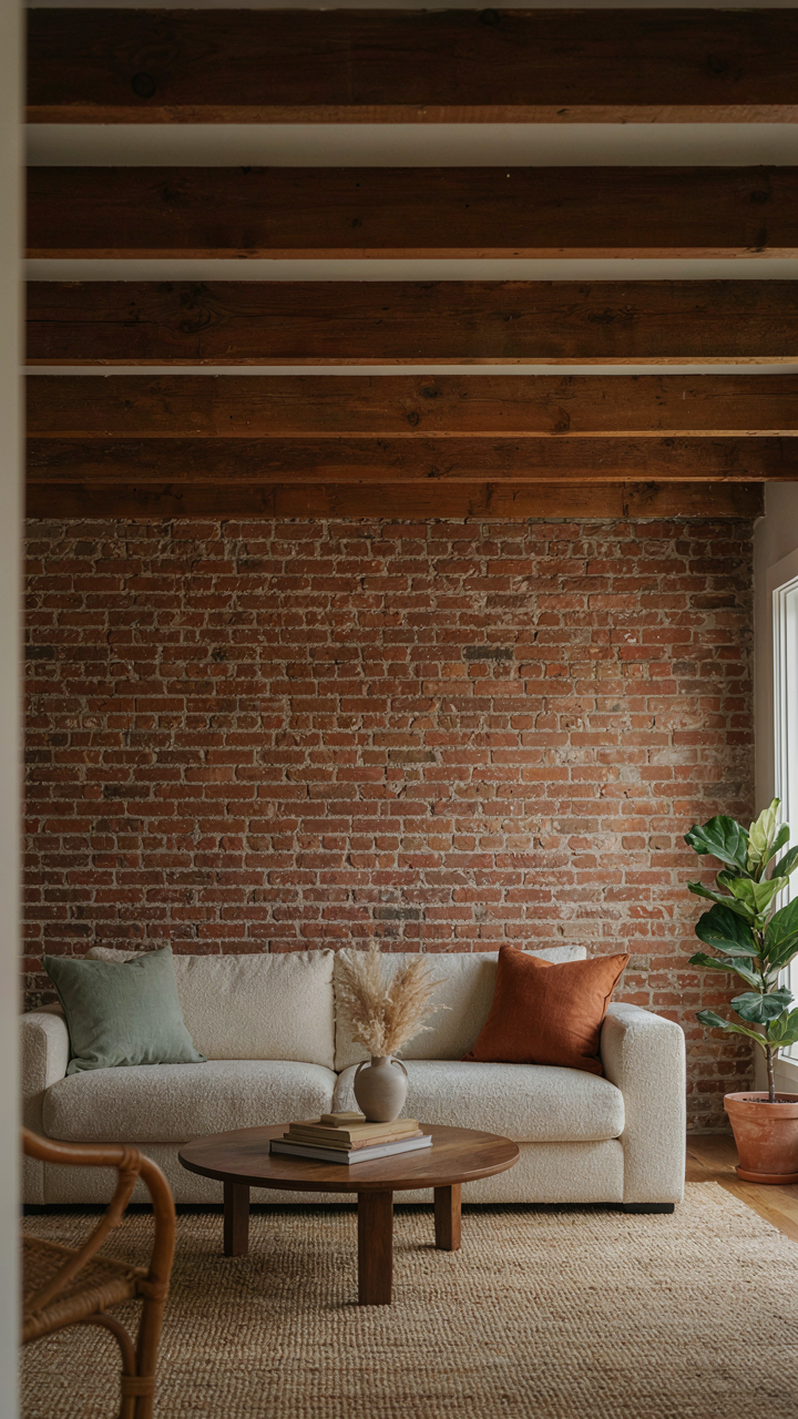 A warm ranch style home interior with a textured brick wall and wooden beams.