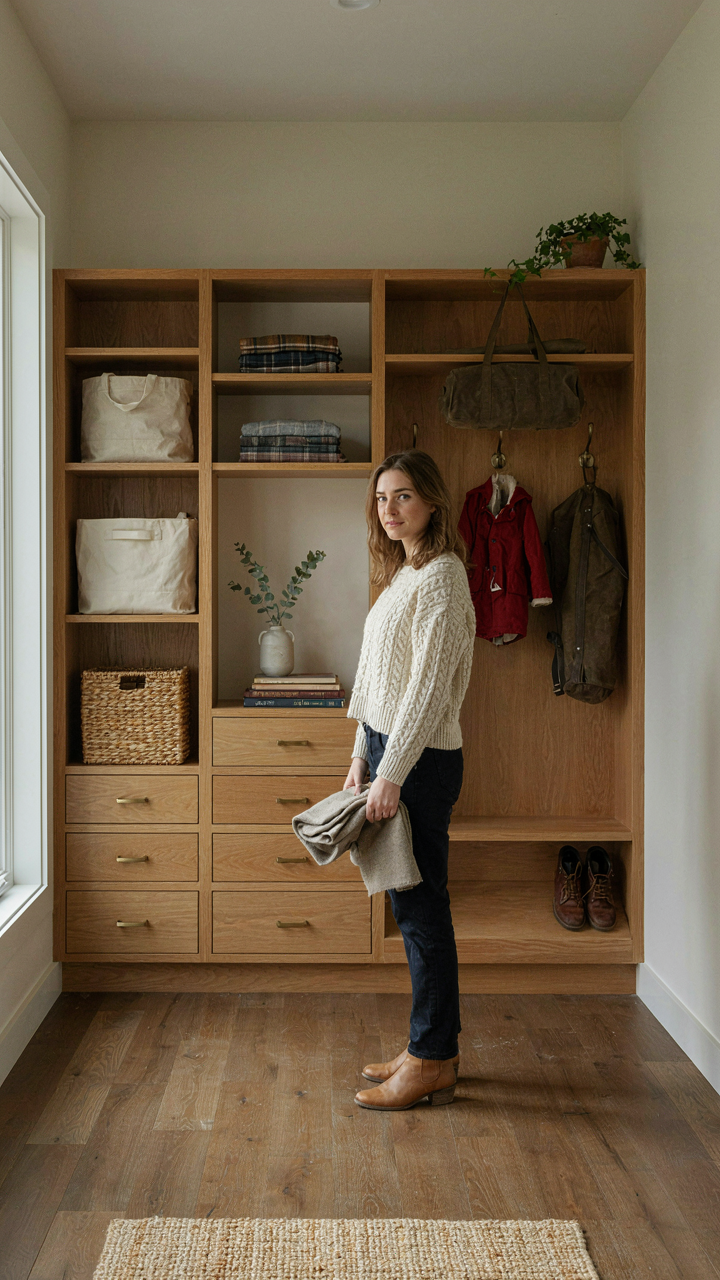 A custom built-in storage unit in a farmhouse mudroom with hooks and shelves.