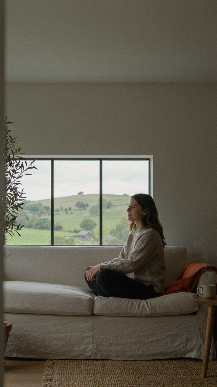 A person on a sofa looking through a low window at a distant hillside.
