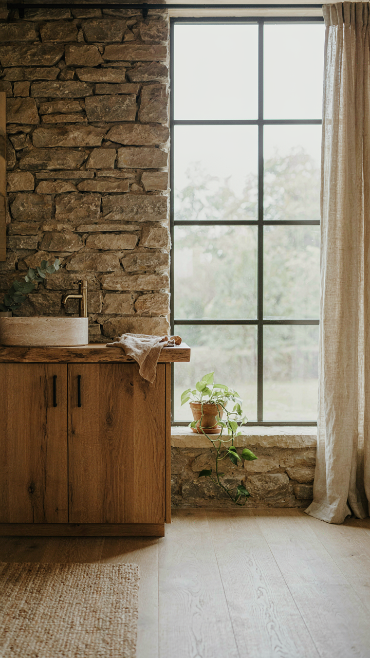 A sunlit modern rustic bathroom features a stone wall and wood vanity.