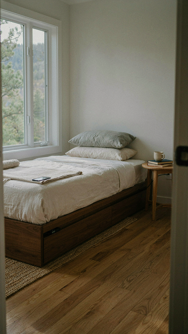 A bed frame in a tiny cabin bedroom has shallow rolling drawers and a power strip.