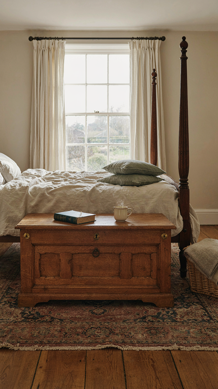A wooden blanket chest used for storage and seating in an english cottage bedroom.