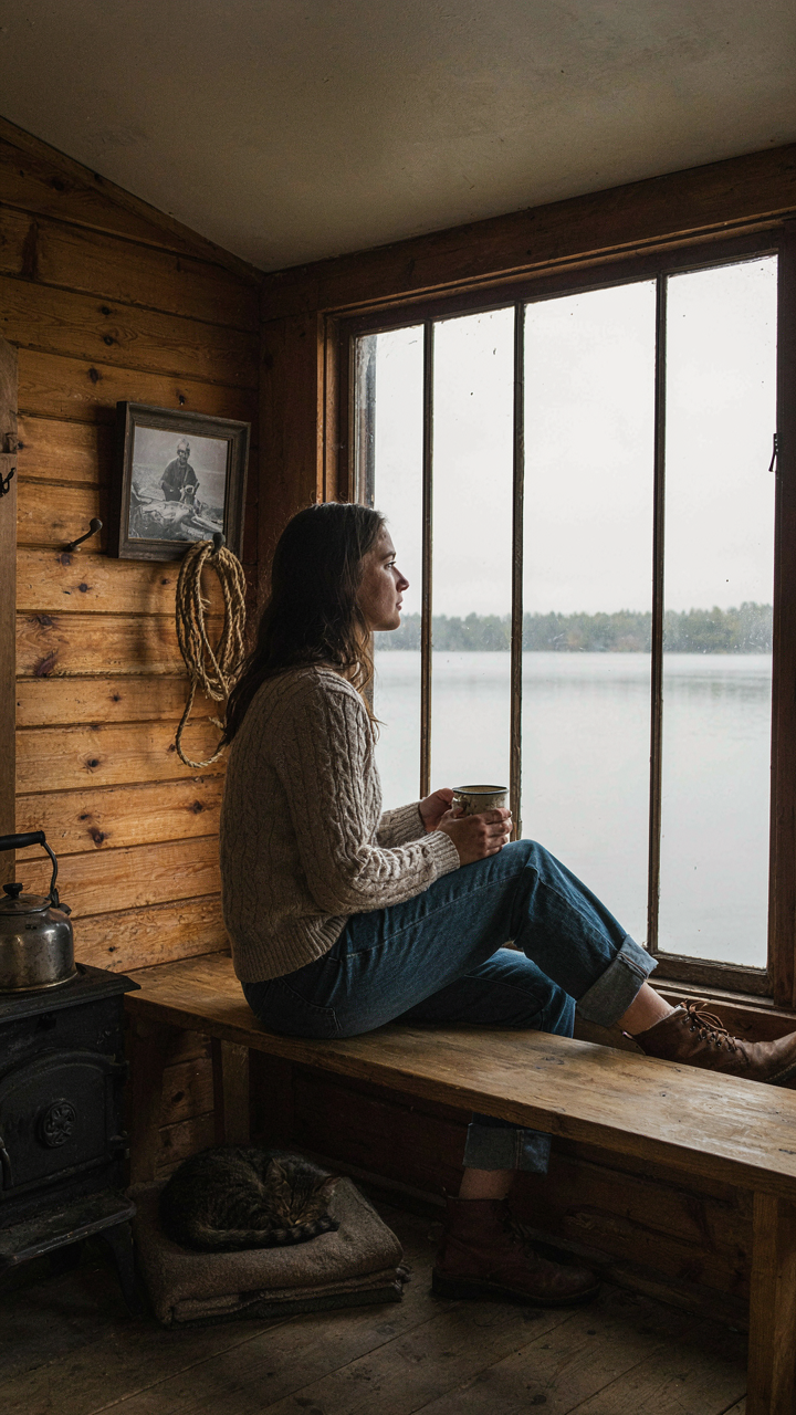 A person sits on a wooden bench looking out a cabin window at a lake.